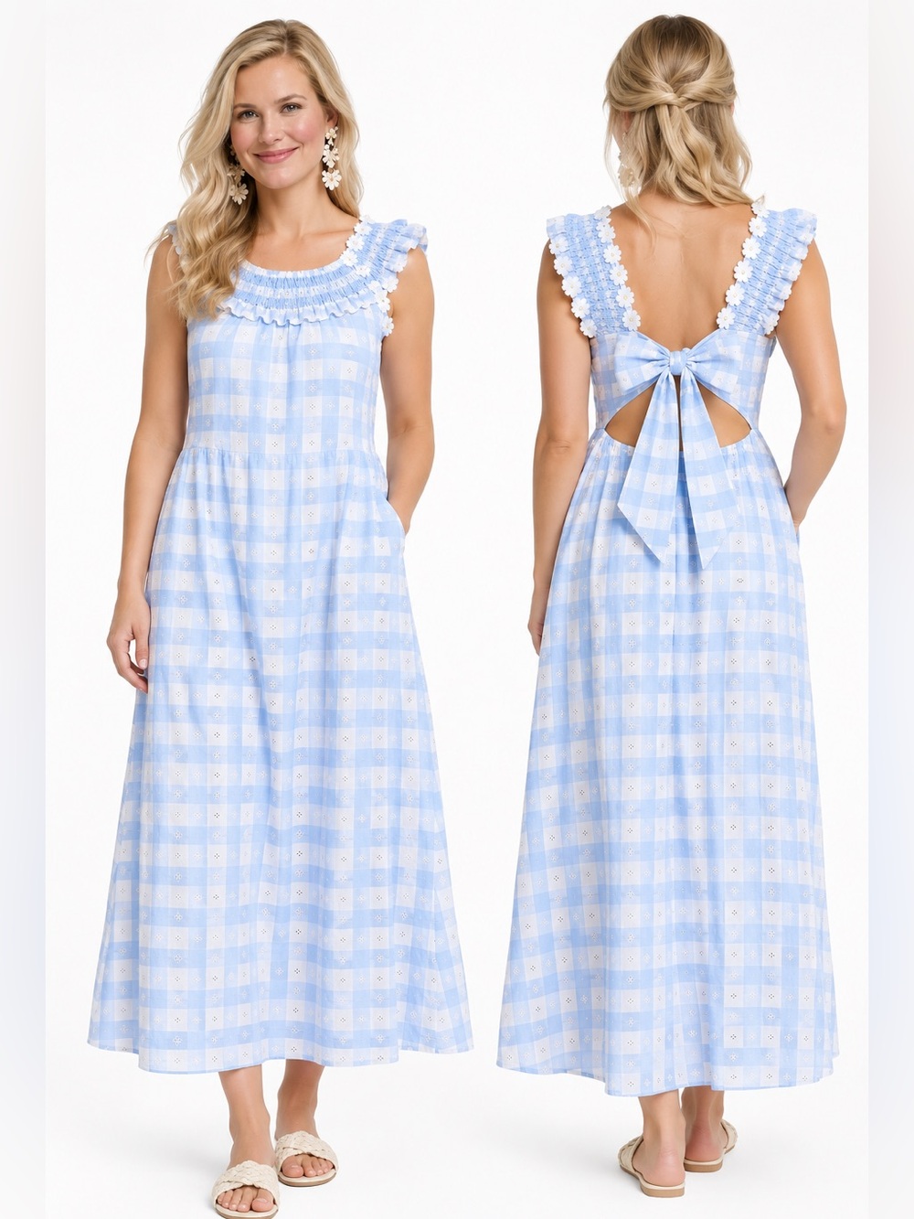 Dondolo x LoveShackFancy Daisy Love Blue Gingham Maxi Dress XL NWT LSF006XL